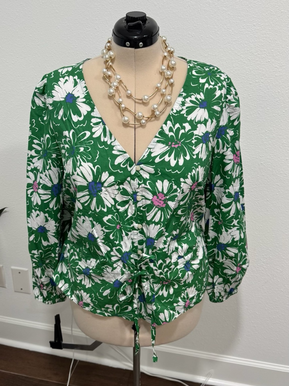 LOFT Green Floral V-Neck Button Tie-Waist Blouse